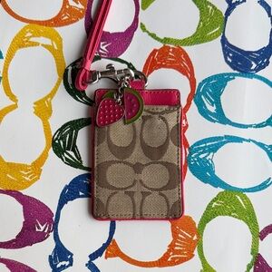Coach Tan and Pink Card Holder with Strawberry Charm